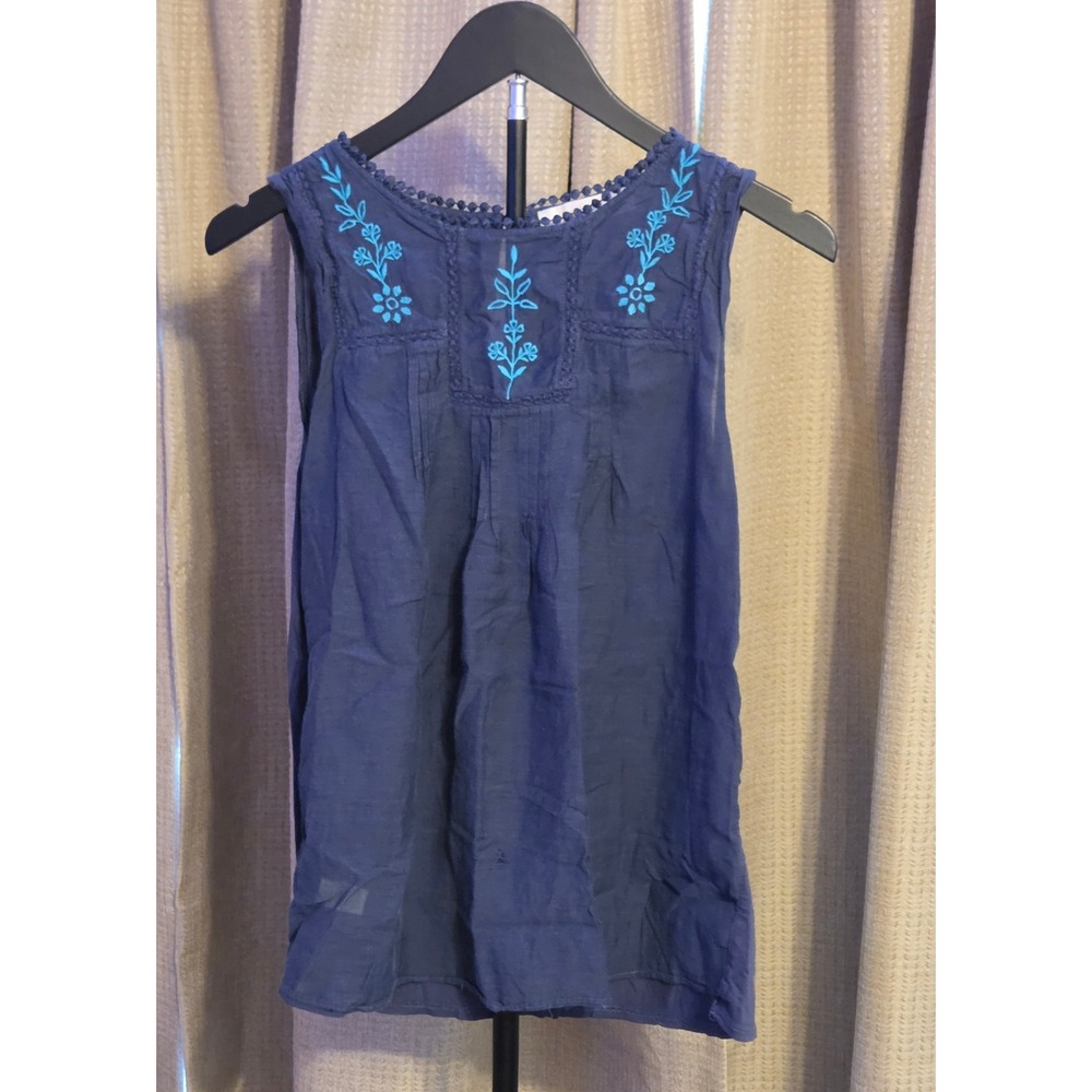 Ann Taylor Loft Floral Embroidery Tank Top Women's Size Small Blue Keyhole Back